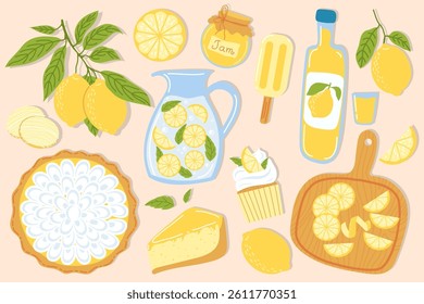 Set of food and drinks with lemons fruit, cartoon, vector style. Mediterranean lemon collection. Lemon dessert. Summer desserts elements. 
