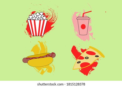 set of food and drinks on green background