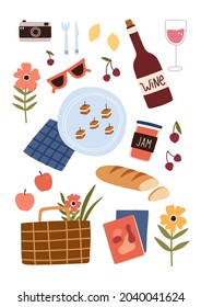 Set of food, drinks and other picnic essentials. Hand drawn vector illustration.