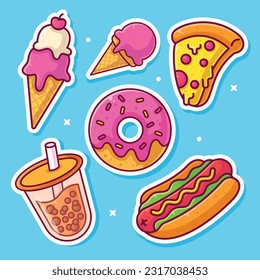 Set of Food and Drinks stickers icons vector illustrations 