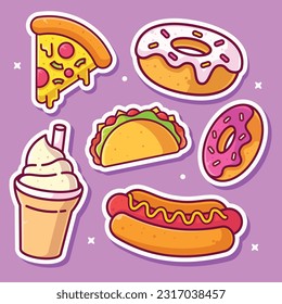 Set of Food and Drinks stickers icons vector illustrations 