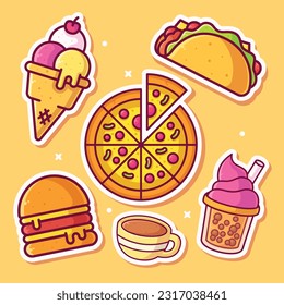 Set of Food and Drinks stickers icons vector illustrations 