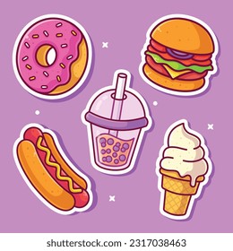 Set of Food and Drinks stickers icons vector illustrations 