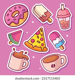 Set of Food and Drinks stickers icons vector illustrations 