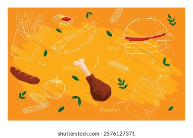 Set of food and drinks vector art illustration.