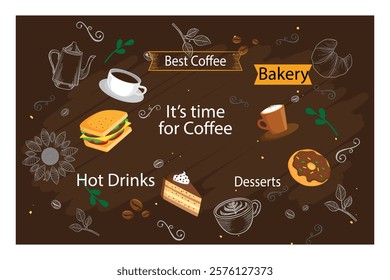 Set of food and drinks vector art illustration.