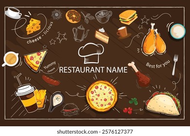 Set of food and drinks vector art illustration.