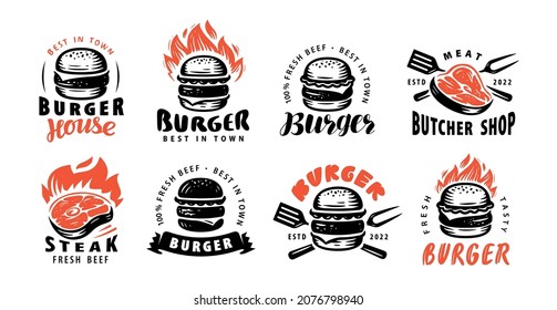 Set food emblems. Burger, meat steak. Design elements for logo, label, emblem, sign, menu