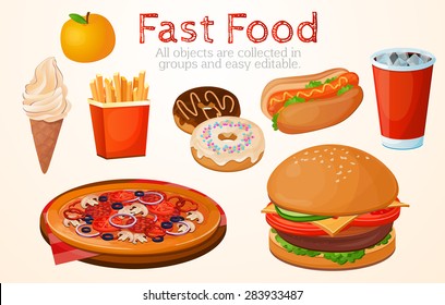 Set, food, fast, American, without a background, restaurant, cafe, white