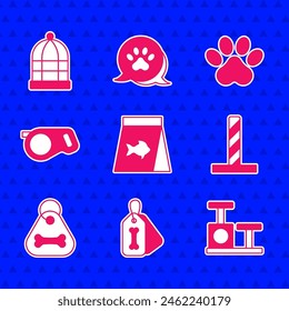 Set Food for fish, Dog collar with bone, Cat scratching post toy, Retractable cord leash, Paw print and Cage birds icon. Vector