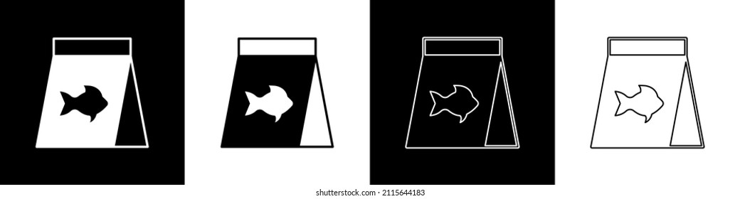 Set Food for fish icon isolated on black and white background.  Vector