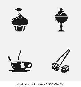 Set of food flat vector icons. Cupcake, ice cream, tea and sushi illustration.