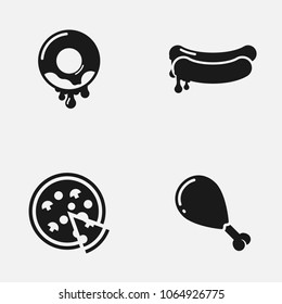 Set of food flat vector icons. Donut, hotdog, pizza and ham on the bone illustration.