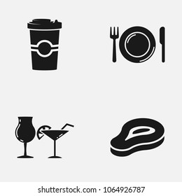 Set of food flat vector icons. Coffee, cocktails and piece of steak illustration.