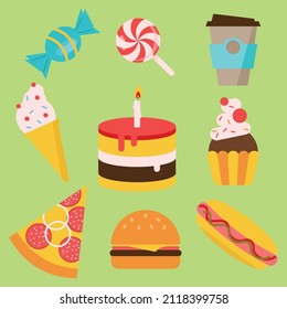 Set of food. Flat vector illustration. Candy, lollipop, coffee, pizza, hot dog, hamburger, ice cream, cupcake, cake. Isolated on green background