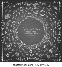 Set of food in the form of a circle on the blackboard. Restaurant menu. Vector illustration.