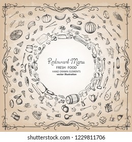 Set of food in the form of a circle on a chalk board. Restaurant menu. Vector illustration.