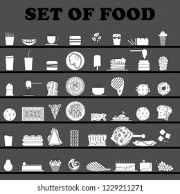 The set of food. forty eight icons of food. Different meals and drinks inside set. 