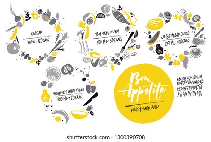 Set of food frames: sea food, vegetables and fruits. Healthy lifestyle eating. Farmers market. Shadows of gray and yellow