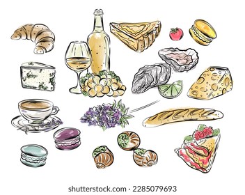 
Set food France, Provence. Isolate on a white background, food watercolor. Vector illustration.