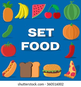 Set food and fruit blue background