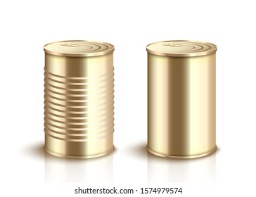 Set of food golden metal tin cans - top and side view, 3d realistic vector mockup illustration isolated on white background. Smooth and grooved conserve packaging.