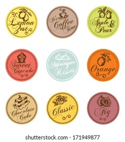 SET OF FOOD GRAPHIC LABELS. Can also be as stickers, cards, graphic elements such as logos. 
