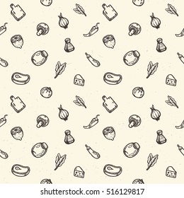 Set of food hand drawn doodles. Vector seamless pattern. Background for menu or another restaurant decoration.