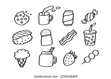 set of food hand drawn line art illustration for design element. simple drawing for kids design theme