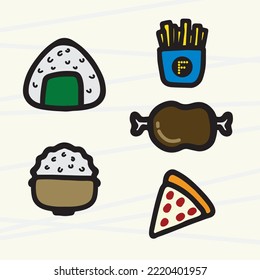 Set of food with Hand sketch doodle style on background. Cute foodie character design. Flat icon graphic for logo, symbol, sticker, restaurant, decoration. Vector Illustration V10.
