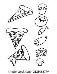 A set of food icon in black and white color: pizza, mushrooms, tomato, cheese, fish. Vector illustration.