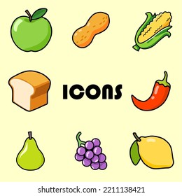 Set Of Food Icon Isolated On Yellow Background. Illustration Of Apple, Peanut, Corn,bread, Chili, Pear, Grape And Lemon. Vector