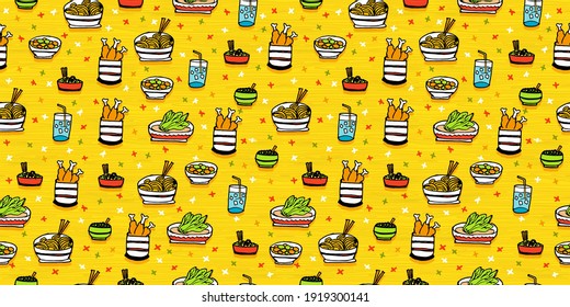 set of food icon on yellow background. noodle with chopsticks, vegetable, chicken and drink. food vector illustration. hand drawn vector. doodle art for kids, backdrop, wallpaper, wrapping, clipart.