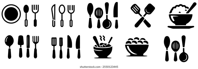 Set of food icon Silhouette, Kitchen utensils on shelves