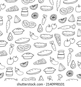 conjunto de ilustraciones alimentarias sobre fondo blanco. vector dibujado a mano. patrón ininterrumpido de alimento. 