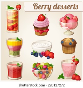 Set of food icons. Berry desserts. Strawberry smoothie, yogurt, strawberry lemonade, watermelon juice, salad, ice cream, blueberry muffin, cupcake, smoothie with peach, strawberry and kiwi. 