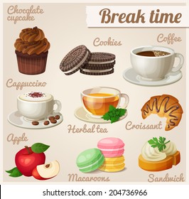 Set of food icons. Break time.  Chocolate cupcake, oreo cookies, cup of coffee, cappuccino, herbal tea, croissant, red apple, macaroons, sandwich.