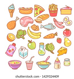 Set of food icons. Collection of product objects. Meat, fruits and vegetable, drink. Concept of healthy nutrition and fast food, Child food. Color vector illustration.