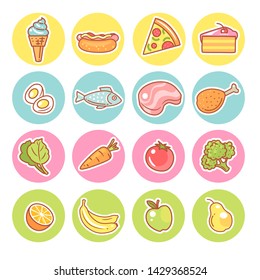 Set of food icons. Collection of product objects. Meat, fruits and vegetable, drink. Concept of healthy nutrition and fast food, Protein, carbs, vegetables. Child food. Color vector illustration.