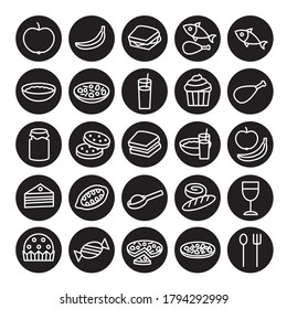 Set of food icons. Collection of food symbol in a black circle. Vector linear illustration isolated on the white background.