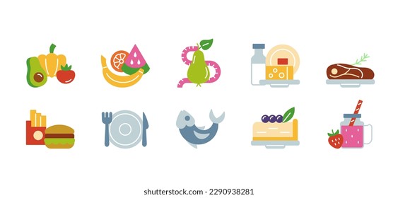 Juego de iconos de comida. Etiquetas de color con comida rápida, frutas, verduras, productos lácteos, bebidas, carne, pescado, postres y cubiertos. Para la aplicación. Colección vectorial plana de dibujos animados aislada en fondo blanco