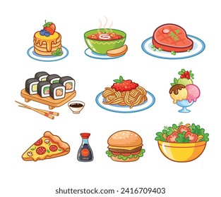 Set von Essenssymbolen. Abendessen. Cartoon Nudeln Bolognese, Salat mit Olivenöl, Sahne-Suppe, griechischer Salat, Sushi-Roll, Hamburger, Pfannkuchen, Pizza, Fleischsteak.