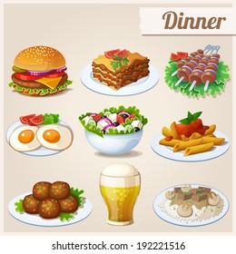 Set of food icons. Dinner.  Fried eggs, glass of beer, hamburger, greek salad, beef stroganoff, lasagna, shashlik, penne pasta, meatballs