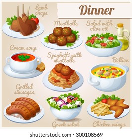 Set of food icons. Dinner. Lamb chops, spaghetti with meat balls, salad with olive oil, cream soup, bollion, grilled sausages, greek salad, chicken wings