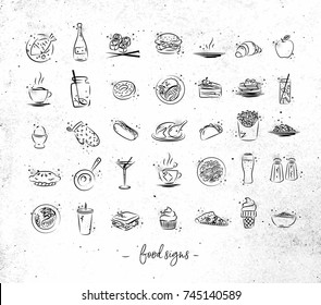 Set of food icons drawing with black lines on dirty paper background