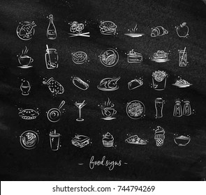 Set Of Food Icons Drawing With Chalk On Chalkboard
