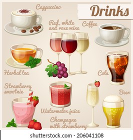 Set of food icons. Drinks. Cup of cappuccino, red, white and rose wine in glasses, cup of coffee, herbal tea, cola with ice cubes, strawberry smoothie, watermelon juice, champagne, glass of beer.