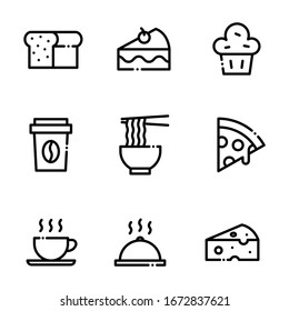 Set of Food Icons With Editable Stroke. Simple Vector line icons. Containing icons such as bread, cake, muffin, coffee cup, noodles, pizza slice, coffee, food tray, cheese. Vector EPS 10 