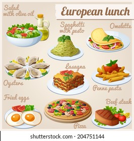 Set of food icons. European lunch. Fresh salad with olive oil, spaghetti with pesto, omelette with vegetables, oysters, lasagna, penne pasta with tomato sauce,  fried eggs, pizza, beef steak.