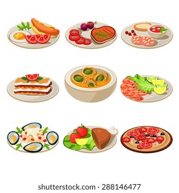 Set of food icons. European lunch. Vector illustration